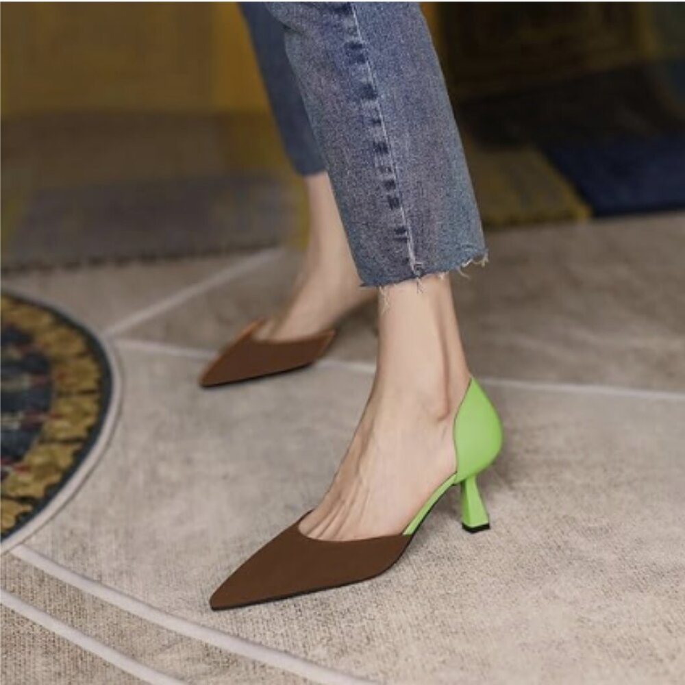 FOWT Chic Two Tone D'Orsay Kitten Mid Heel Pumps for Women Dressy Brown Green